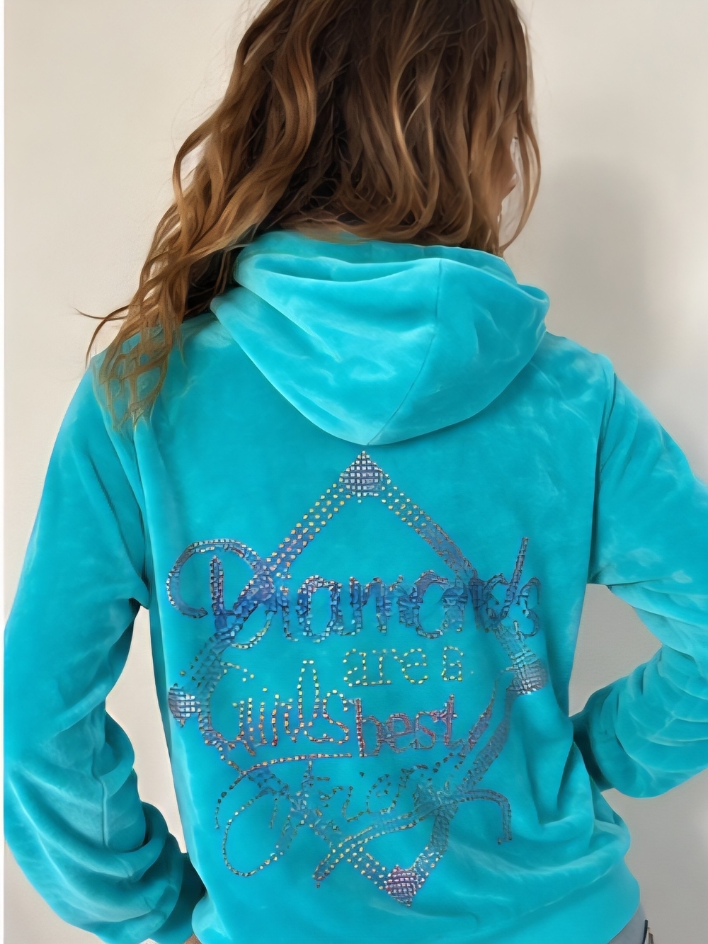 Y2K Duchess Turquoise Velour Rhinestone Crown Zip Hoodie XXL